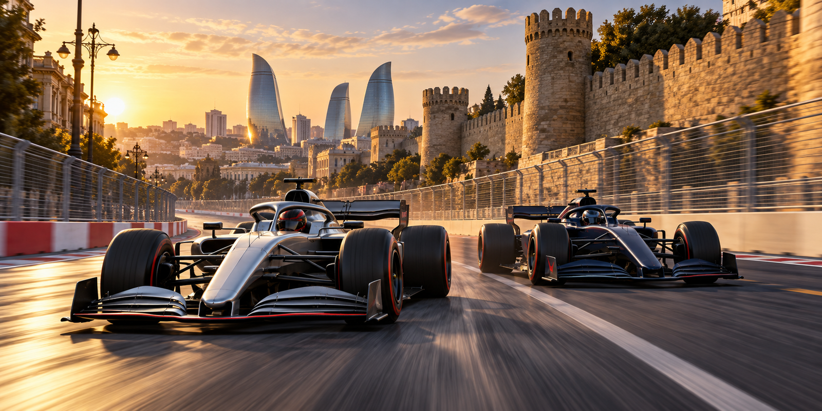 KI-generierte Illustration zweier Formel-Rennwagen auf dem Stadtkurs von Baku
