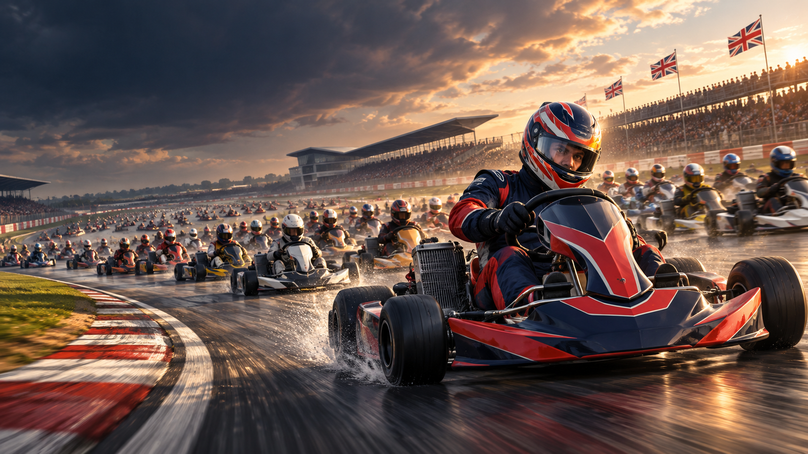 „KI-generierte Illustration von Max Verstappen bei einer Kart-Aufholjagd gegen ein großes Fahrerfeld auf einer Rennstrecke in Silverstone.“