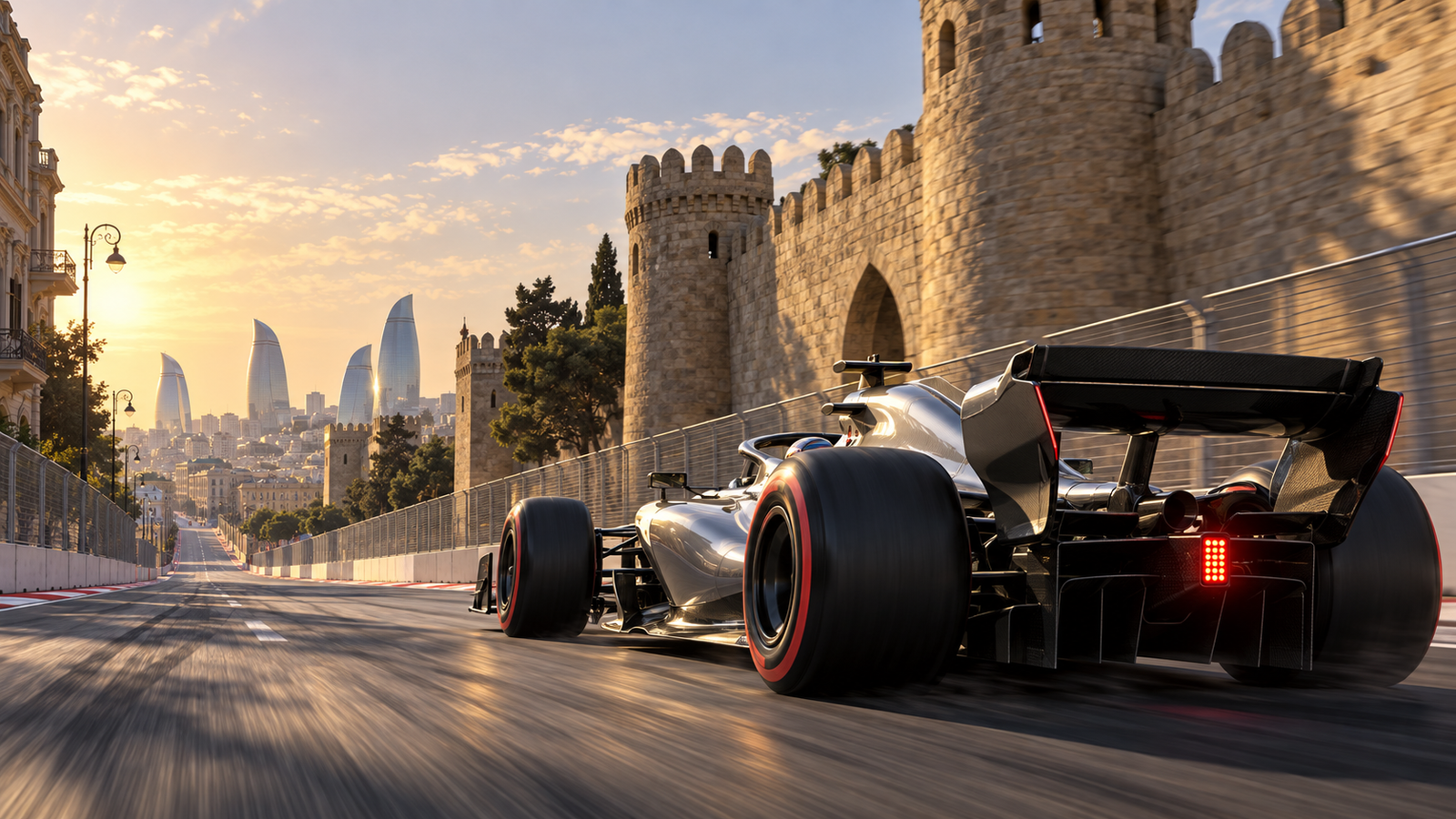 KI-generierte Illustration eines silbernen Formel-1-Wagens auf dem Stadtkurs von Baku mit der historischen Stadtmauer im Hintergrund.