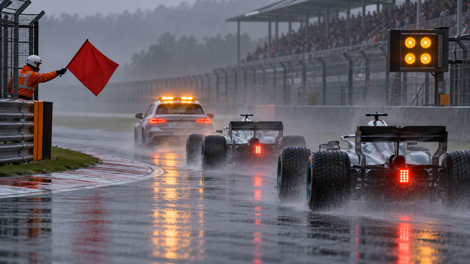 KI-generierte Illustration: Zwei Formel-1-Wagen folgen einem Safety Car auf nasser Strecke; ein Streckenposten zeigt die rote Flagge.
