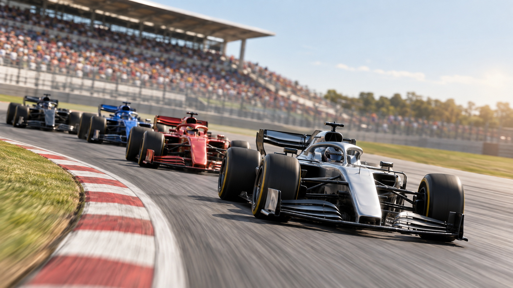 Fünf moderne Formel-1-Autos kämpfen auf einer schnellen Rennstrecke um die Führung.