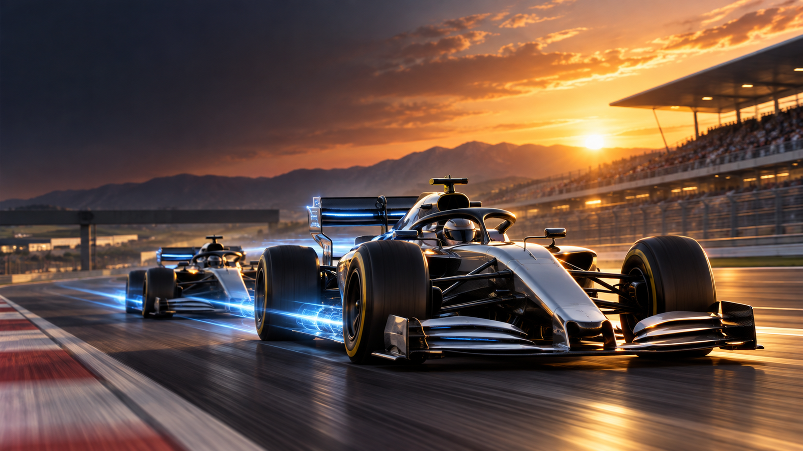 KI-generierte Illustration zweier silberner Formel-1-Wagen auf einer Rennstrecke bei Sonnenuntergang; blaue Energielinien visualisieren den Overtake Mode.