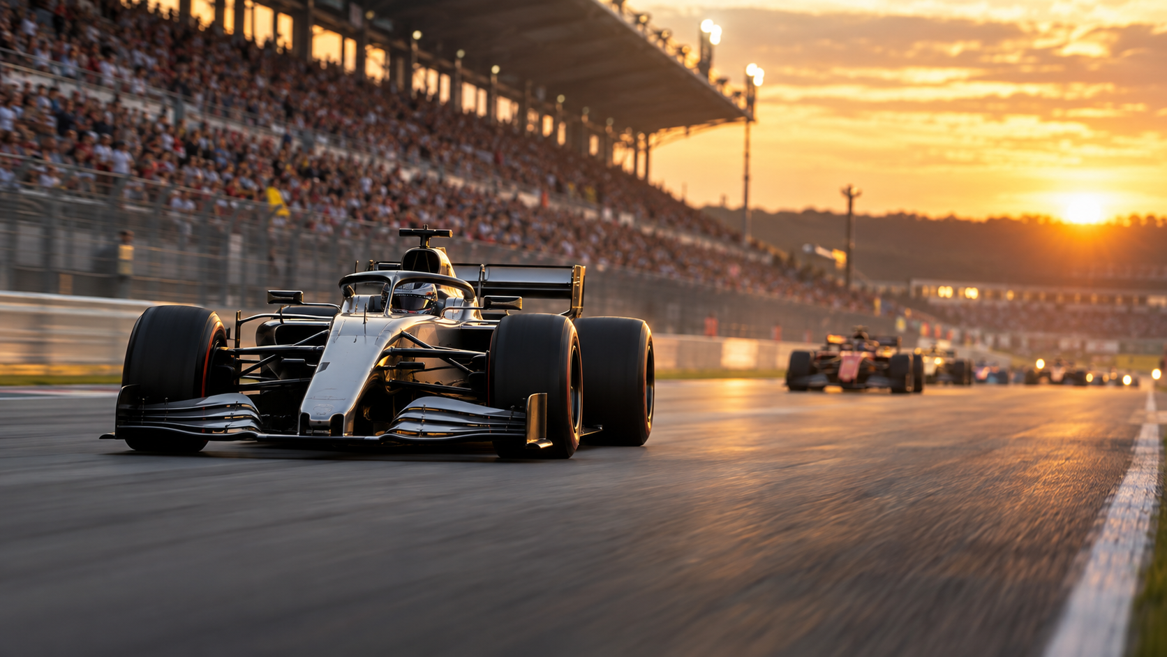 Ein silberner Formel-1-Wagen führt bei Sonnenuntergang das nachfolgende Feld an.