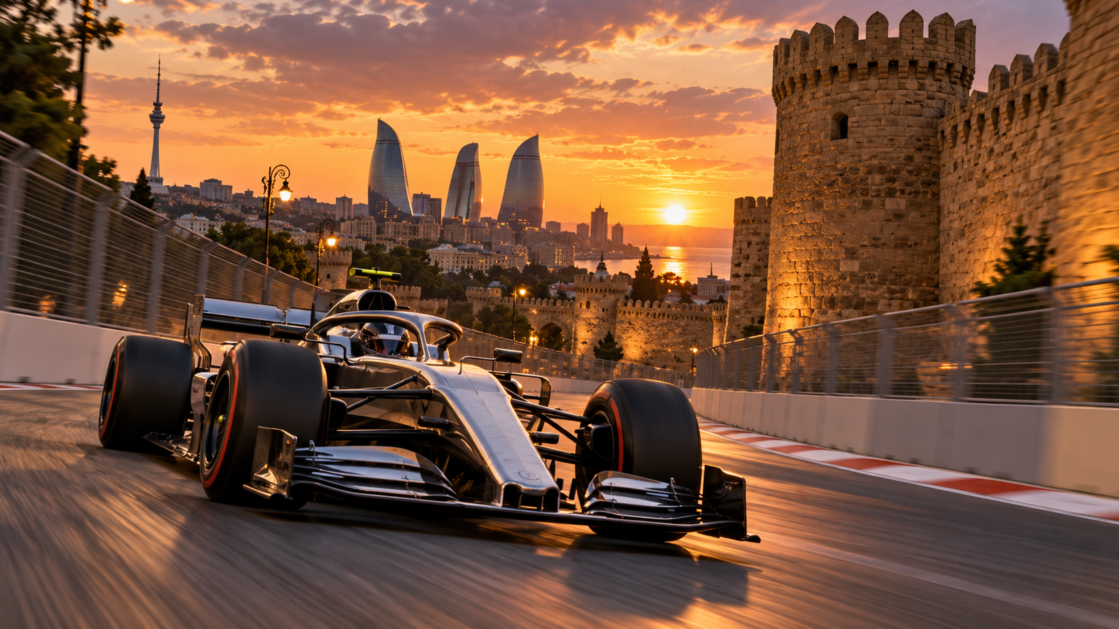 KI-generierte Illustration eines silbernen Formel-1-Wagens auf dem Stadtkurs von Baku bei Sonnenuntergang